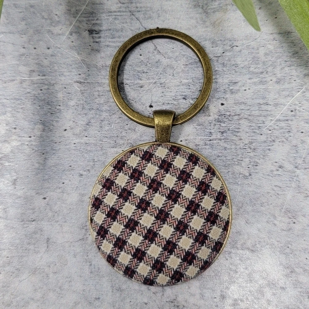 New Handmade | Burgundy Plaid Upcycled Fabric Button Keychain
